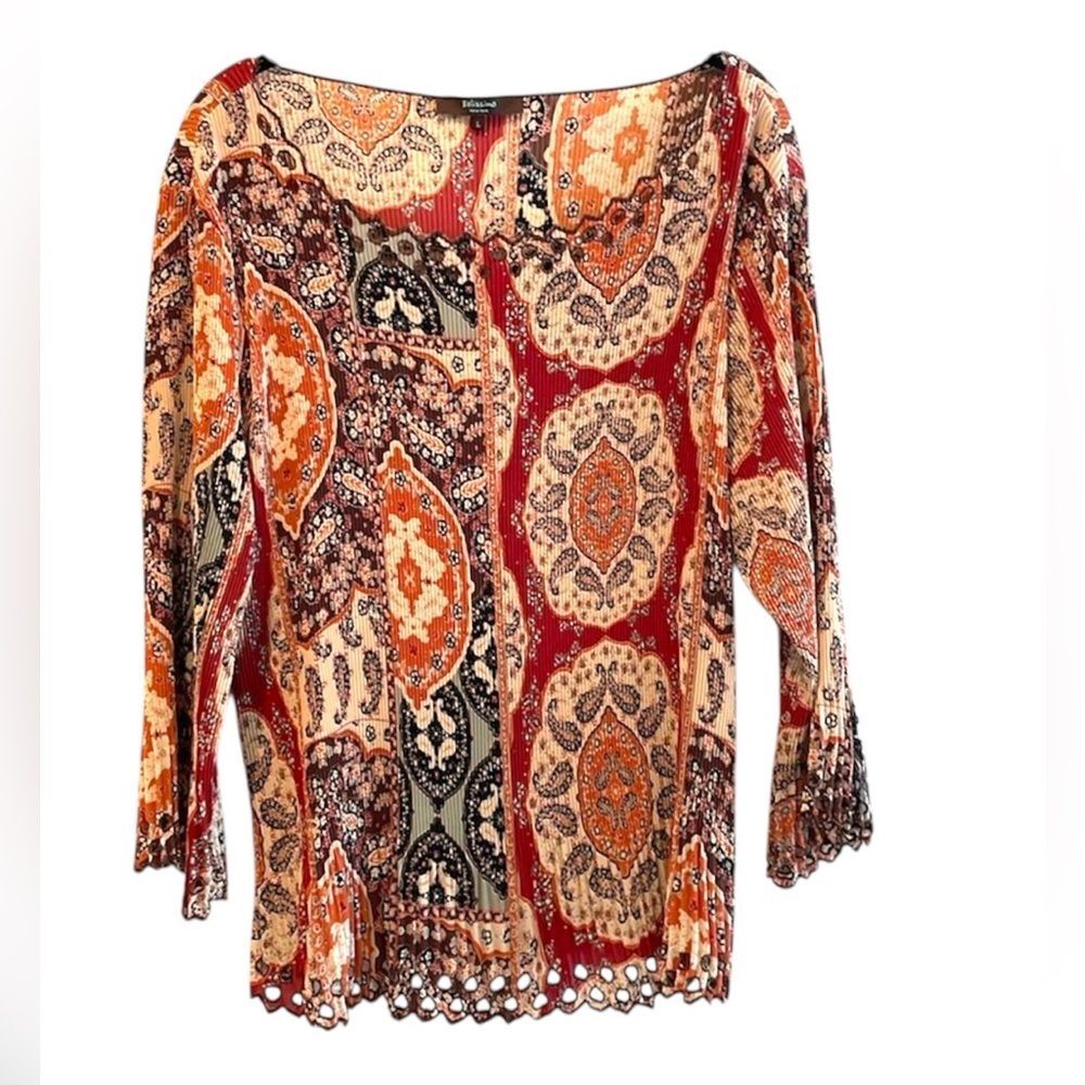 Belissimo New York Zig Zag Neckline 3/4 Sleeve Scoop‎ Neck Blouse Size Large